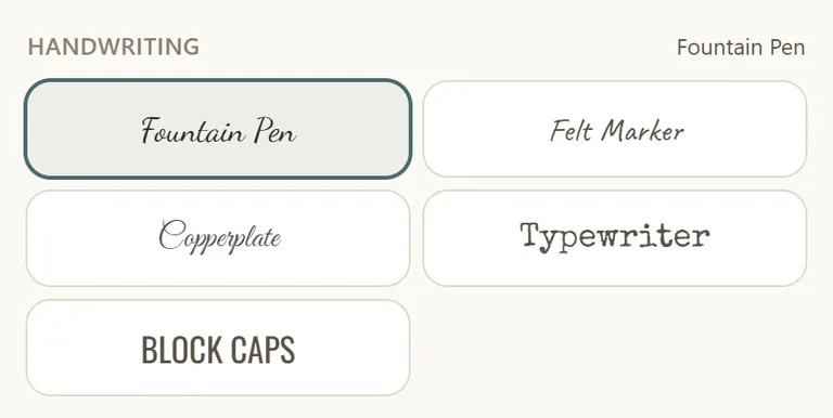 The five handwriting choices, each name button set in the hand it selects