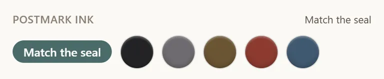 The postmark ink row, with a Match the seal option beside five ink colours