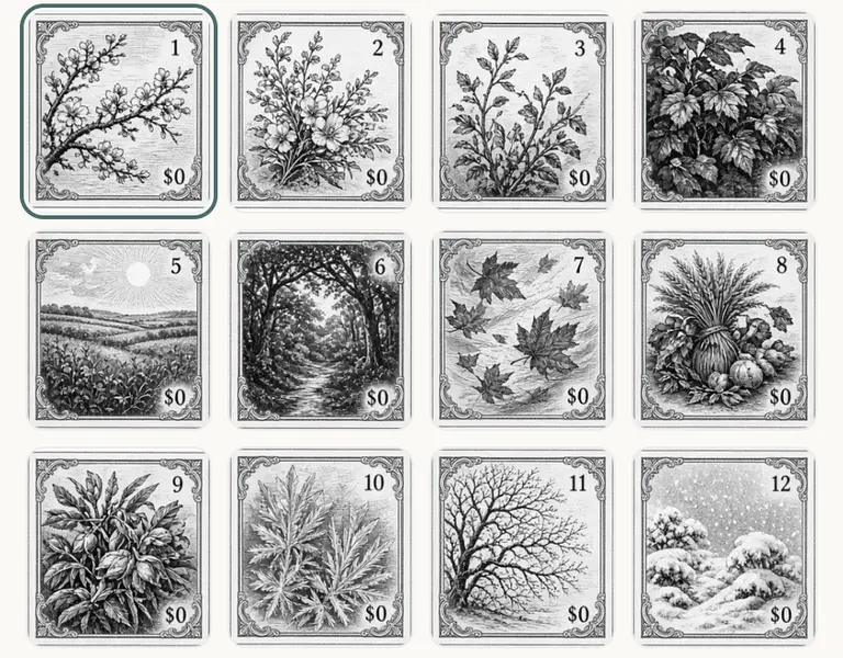 The twelve Seasons stamps, engraved, laid out in a grid from spring blossom to winter snow