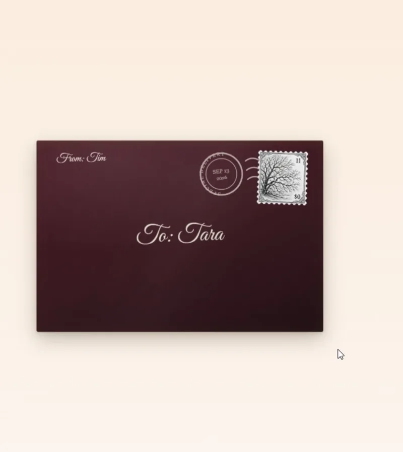 A sealed envelope addressed to Tara turns over, its wax seal cracks open, and the card slides out.