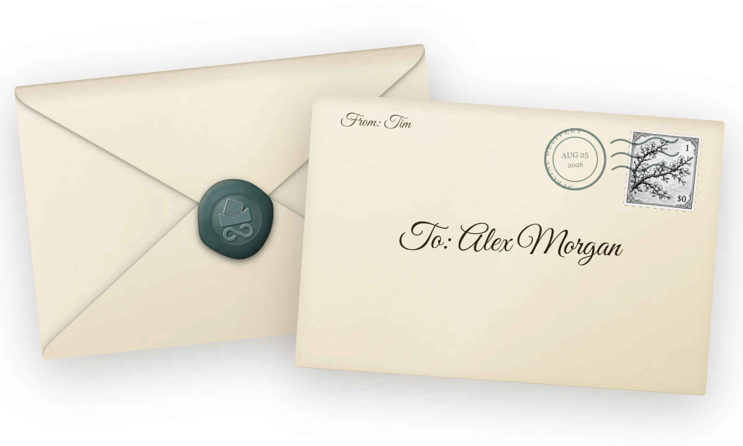 Two views of the same digital envelope: the back sealed with teal wax, and the front addressed by hand with a stamp and postmark