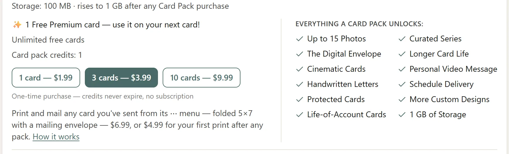 Your plan and remaining Card Pack credits on the dashboard