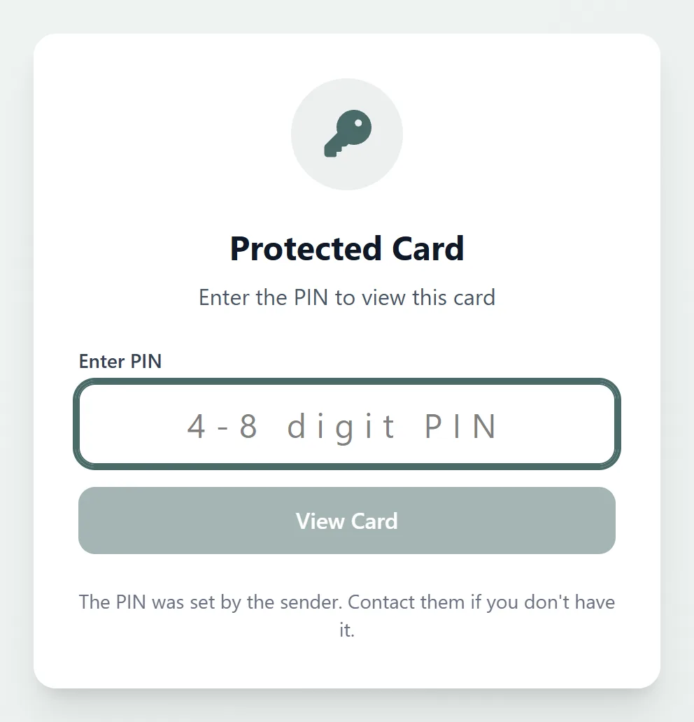The Protected Card screen a recipient sees before a PIN card opens