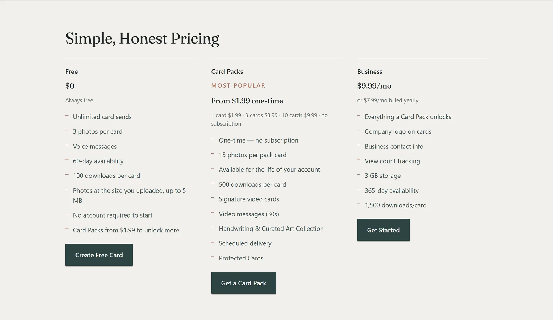 The pricing page, with Free, Card Packs and Business side by side