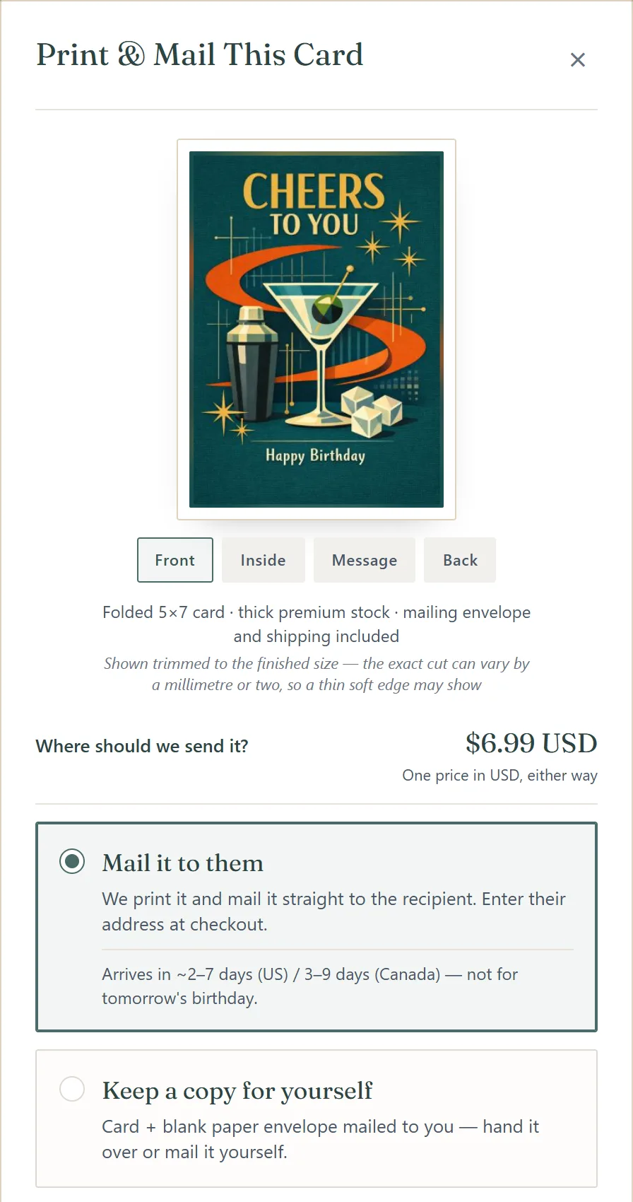 Print & Mail This Card — the preview, and the mail-to-them or keep-a-copy choice