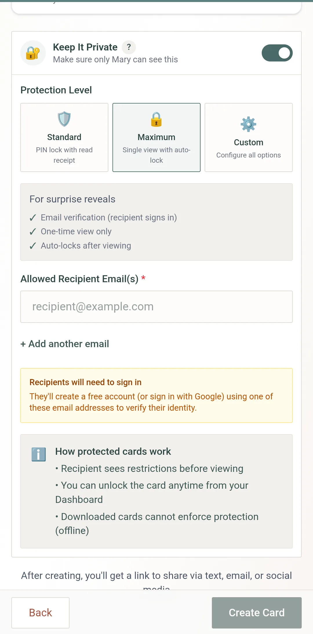 The Maximum preset — email verification, one-time view, auto-lock