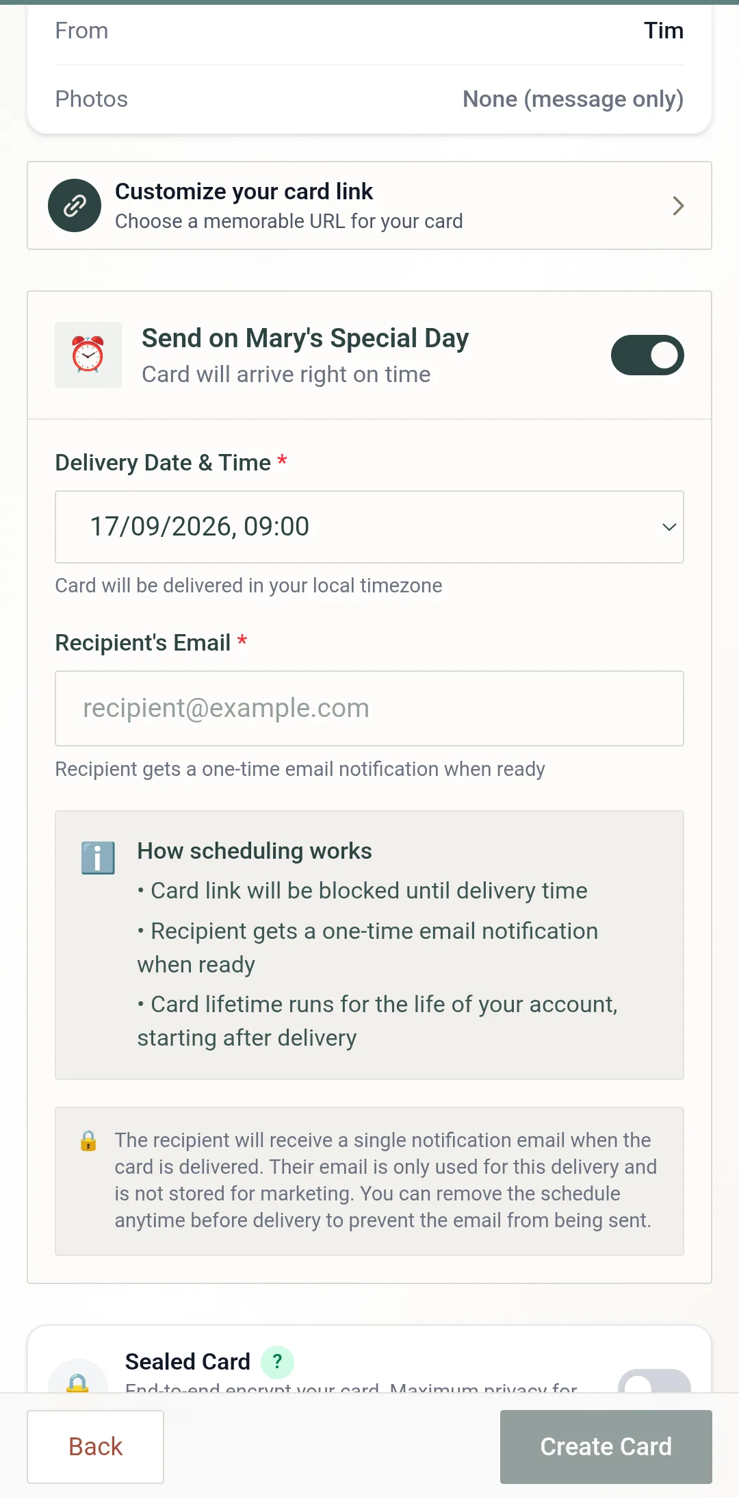 Send on their Special Day switched on — the delivery date and time, the recipient's email, and how scheduling works