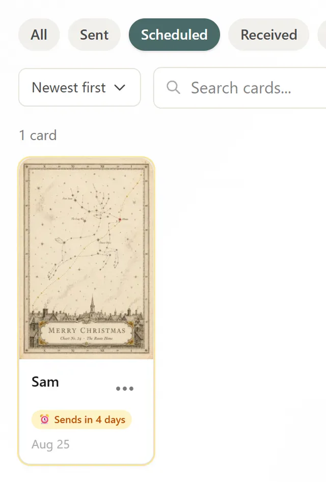 The dashboard's Scheduled tab — the card carries a "Sends in 4 days" chip