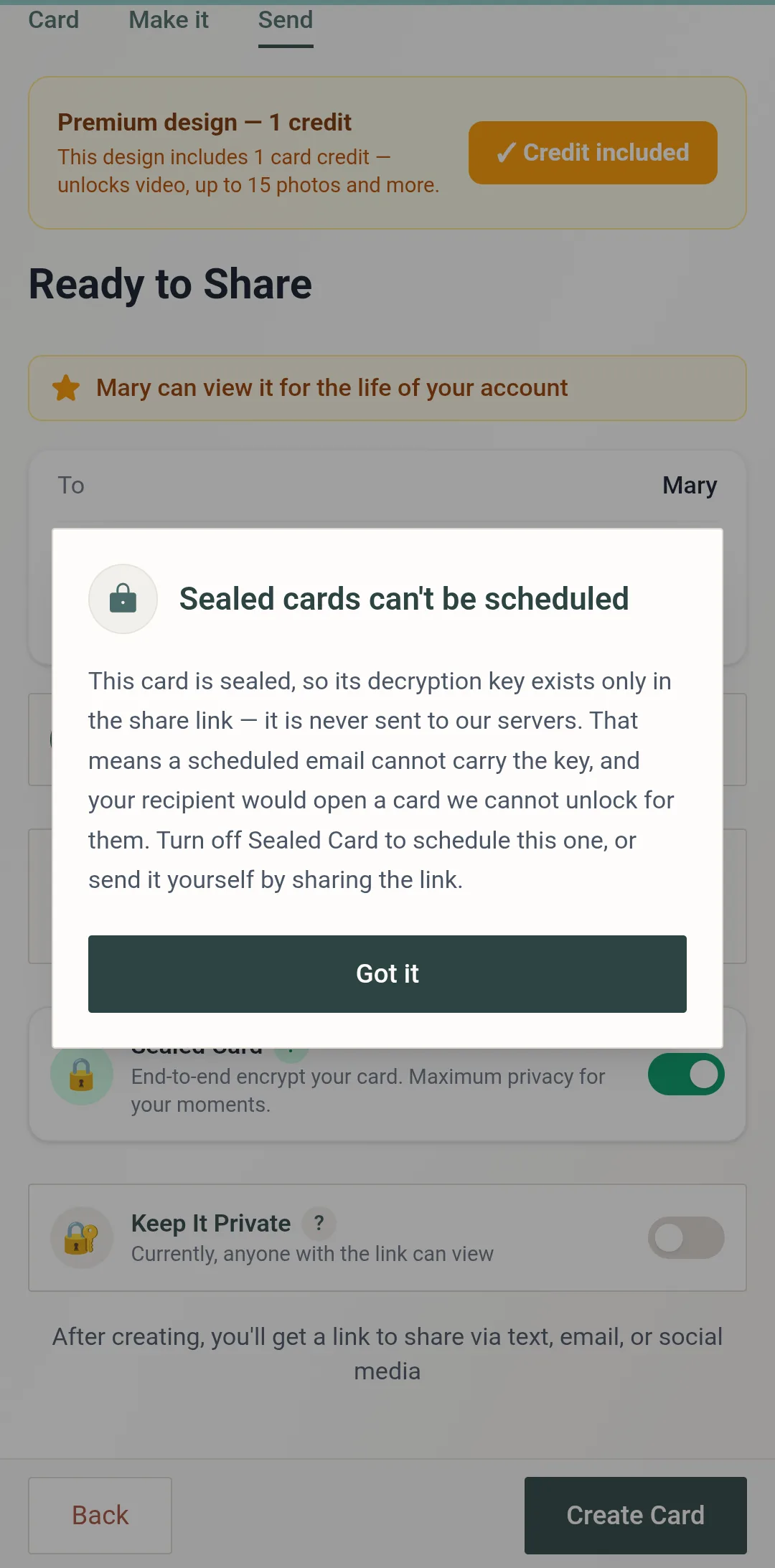 The message a Sealed card gets when you try to schedule it