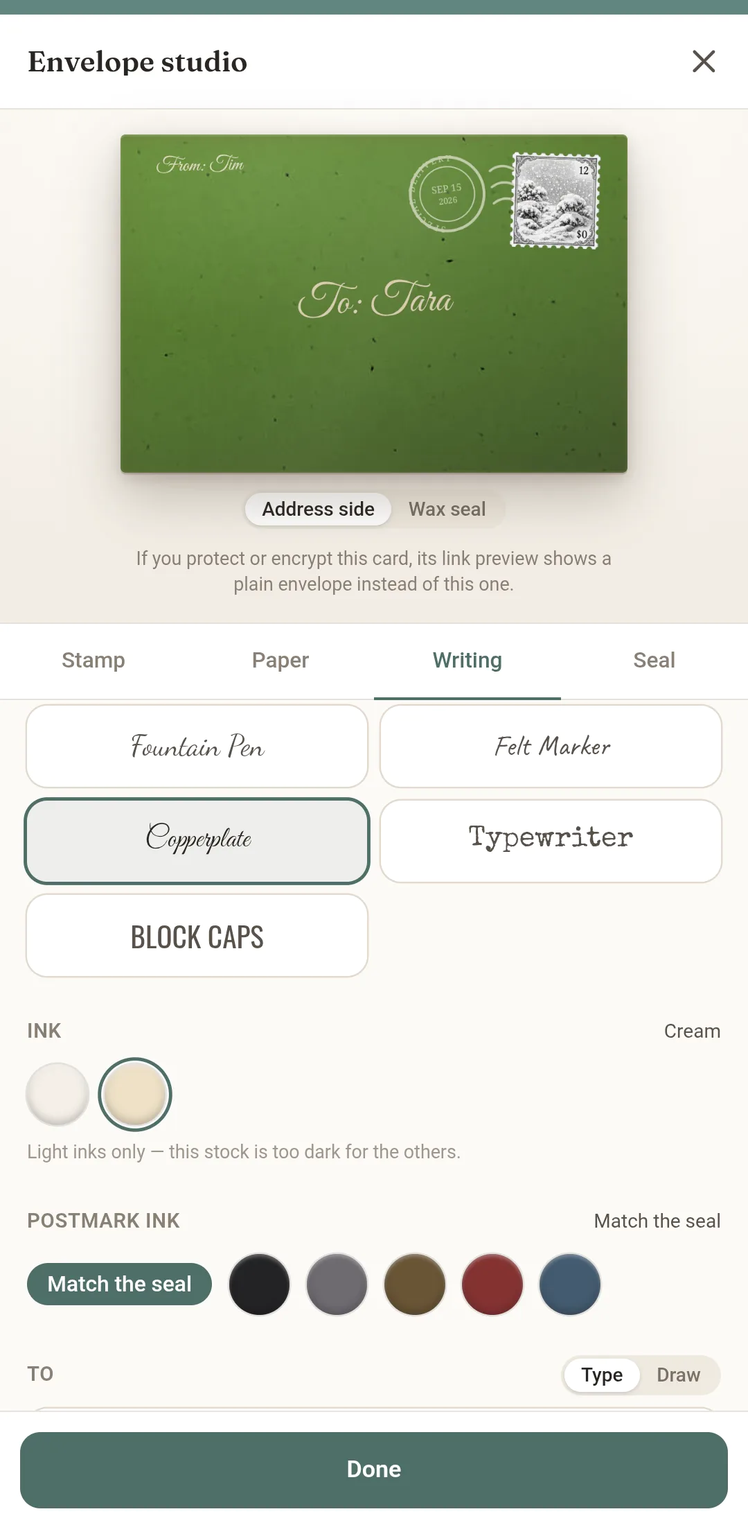 The Writing tab — five hands, the address ink, the postmark ink, and the To and From names