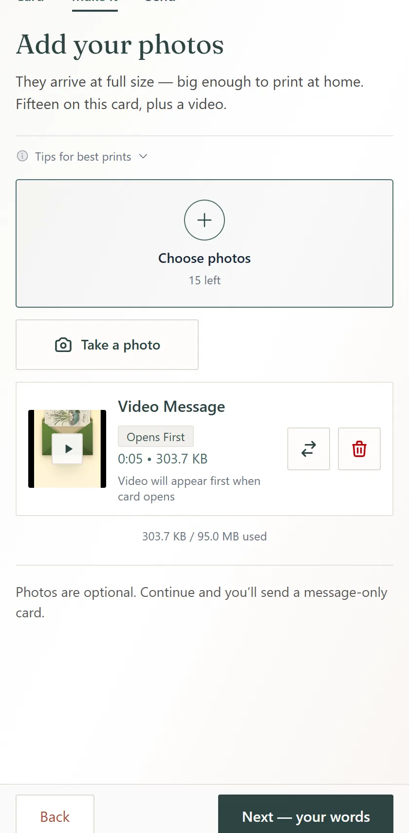 The Video Message card on the Photos screen — thumbnail, Opens First, swap and remove