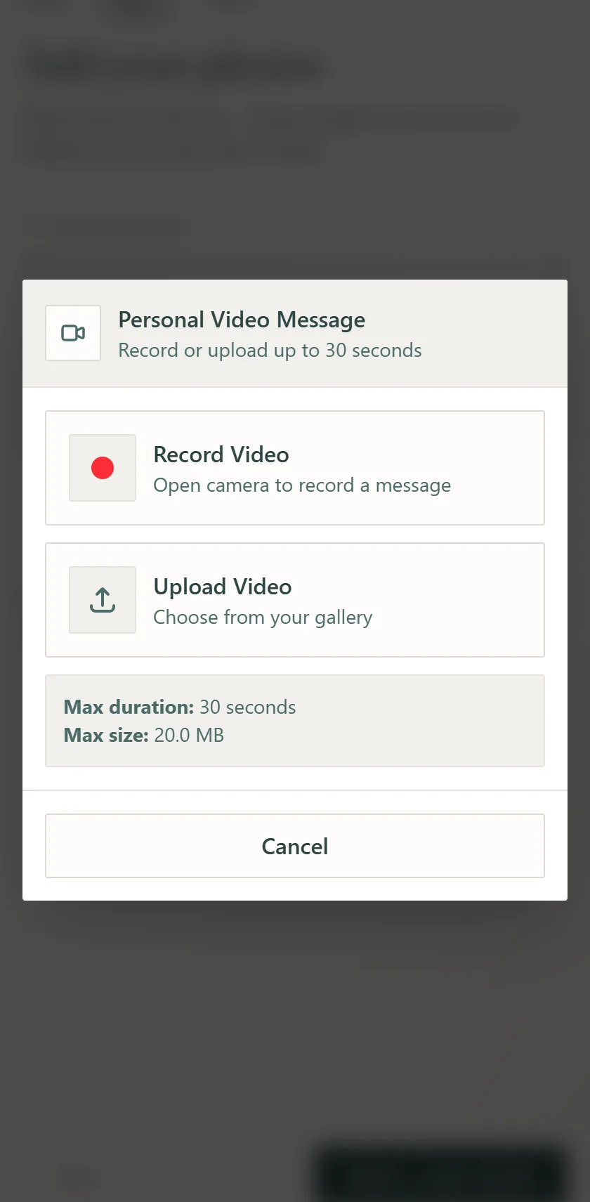 The Personal Video Message panel — Record Video, Upload Video, the 30-second and 60 MB limits