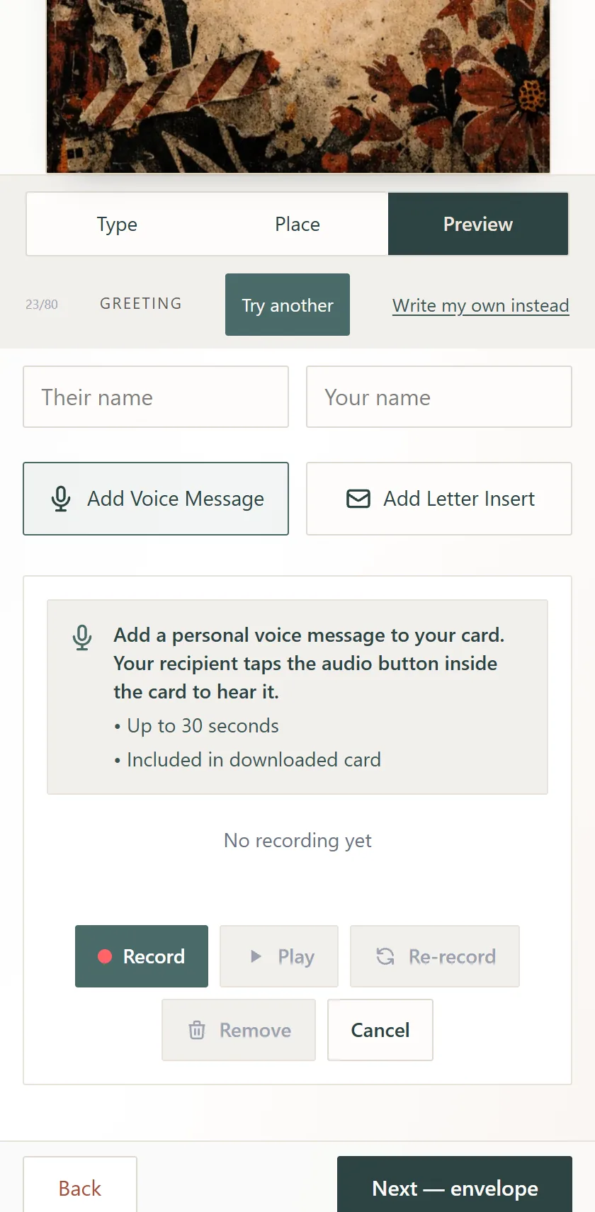 The recorder open under Add Voice Message — Record, Play, Re-record, Remove, Cancel