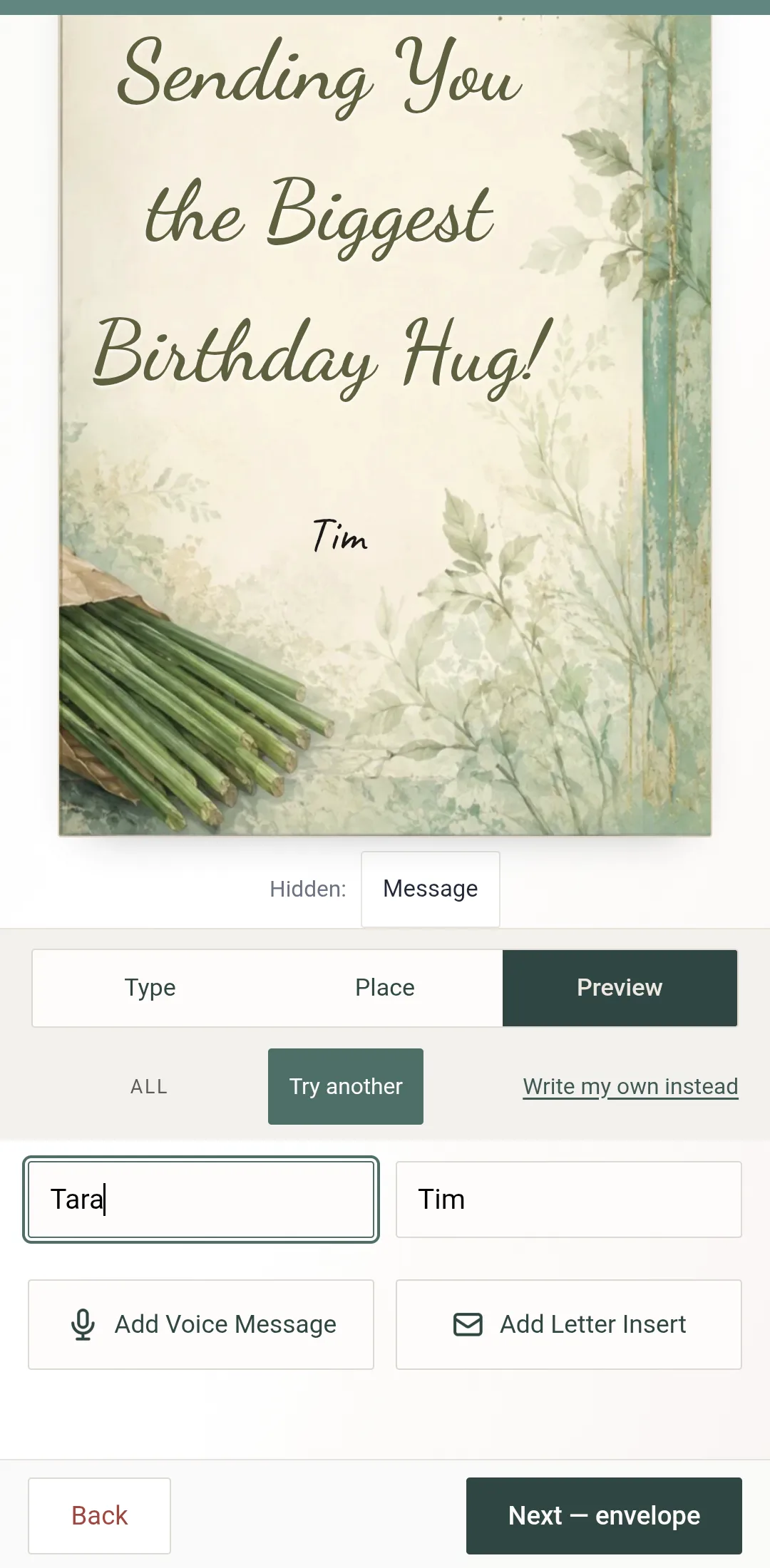 The Preview tab of the Words step — Add Voice Message under the names