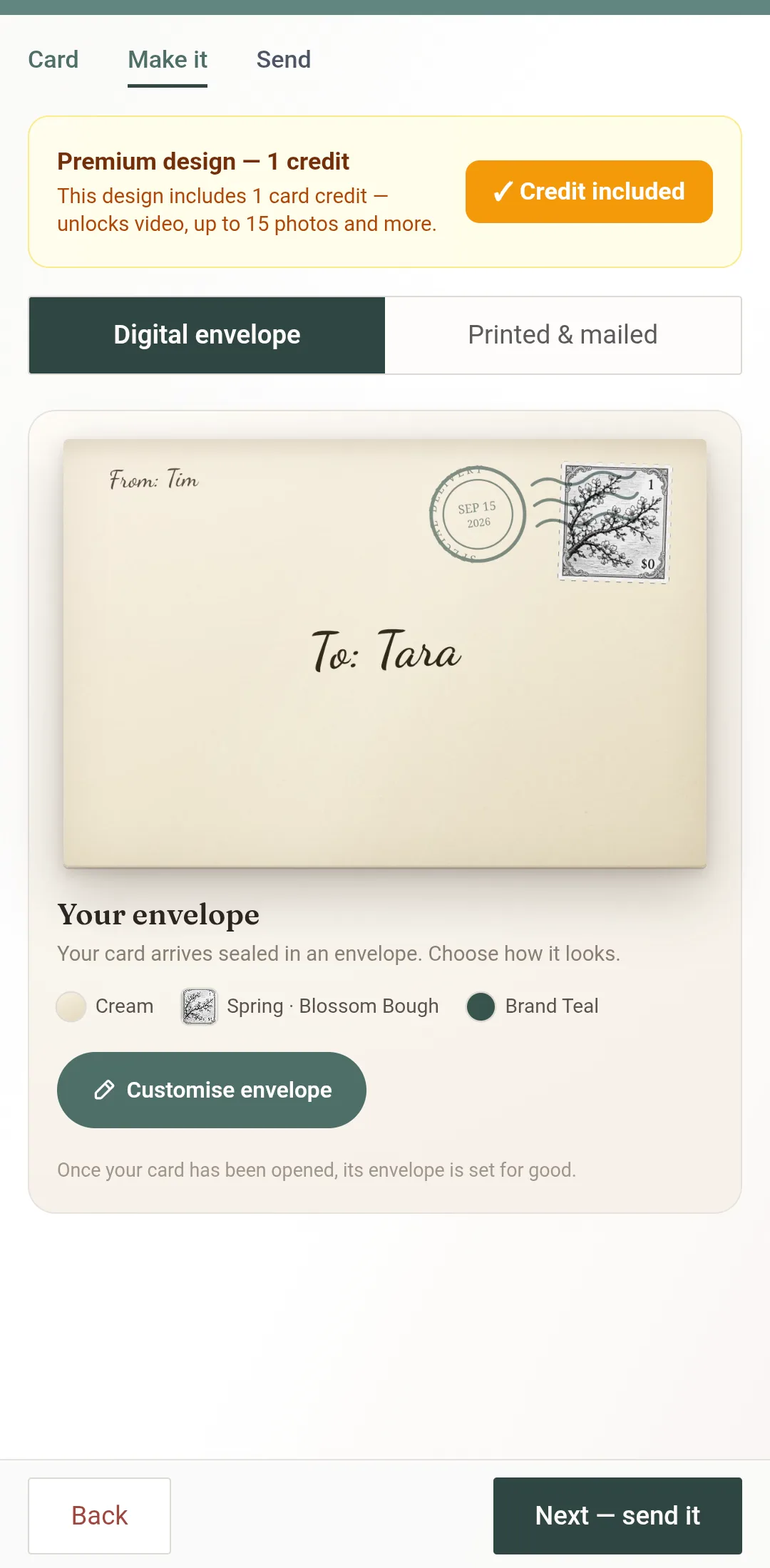 Your envelope on the Make it step — three quick looks, and Customise envelope for the Studio
